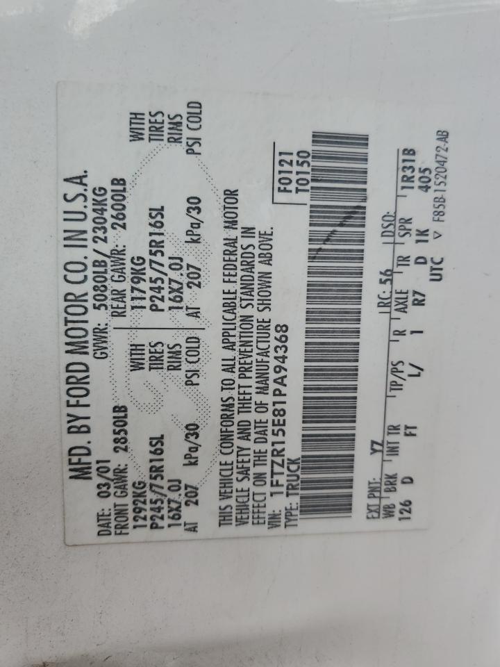 2001 Ford Ranger Super Cab VIN: 1FTZR15E81PA94368 Lot: 60915254