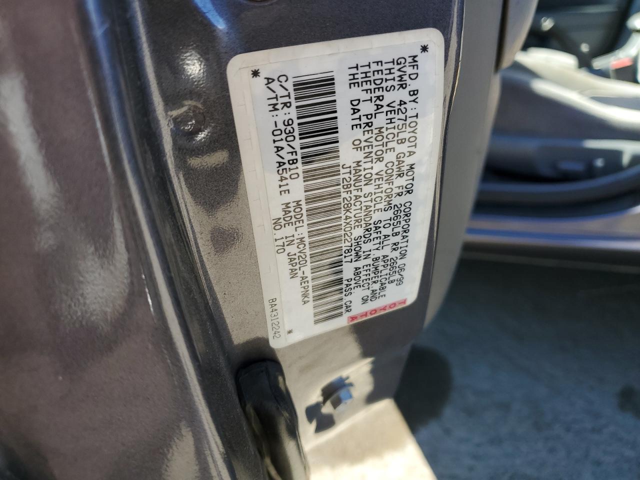 1999 Toyota Camry Le VIN: JT2BF28K4X0227817 Lot: 60854494