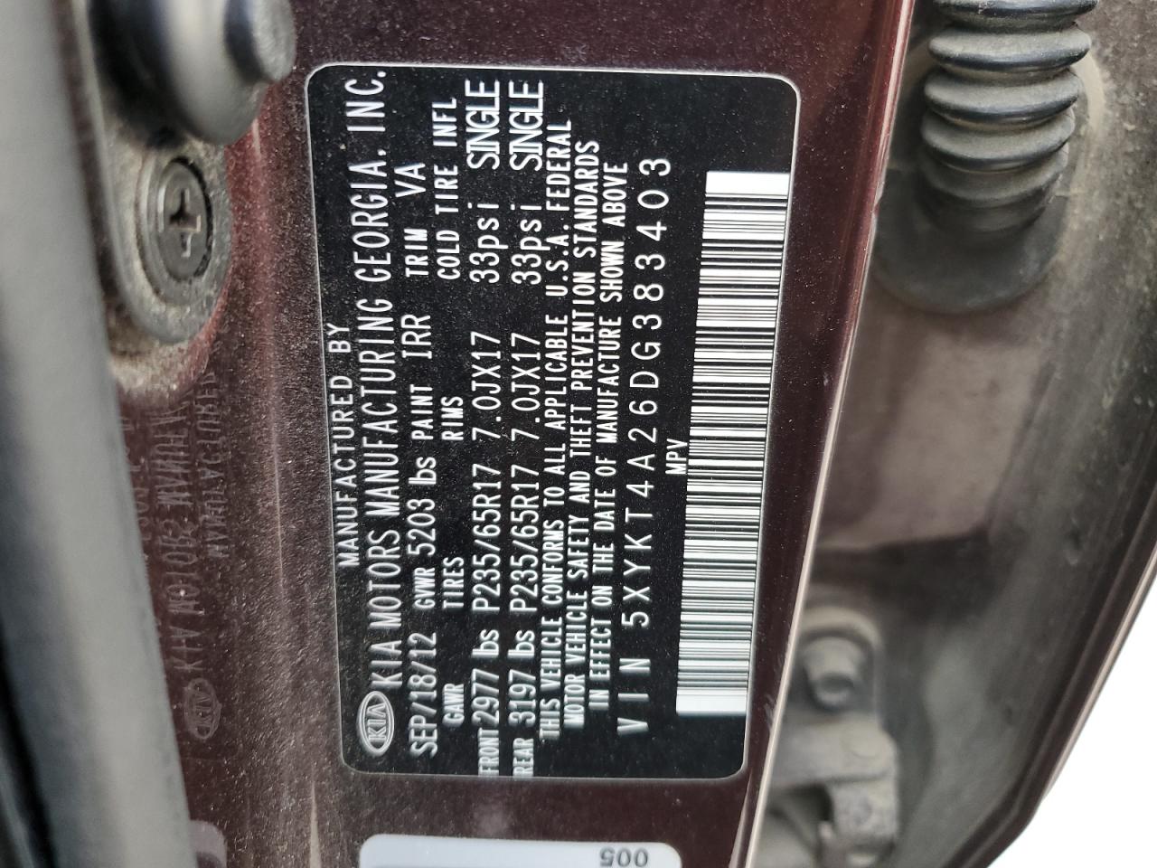 2013 Kia Sorento Lx VIN: 5XYKT4A26DG383403 Lot: 60476664