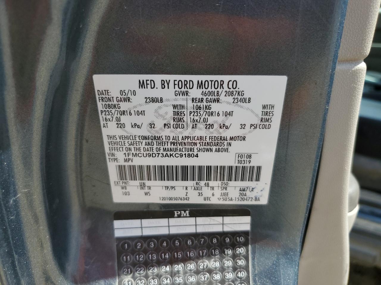 2010 Ford Escape Xlt VIN: 1FMCU9D73AKC91804 Lot: 60069944