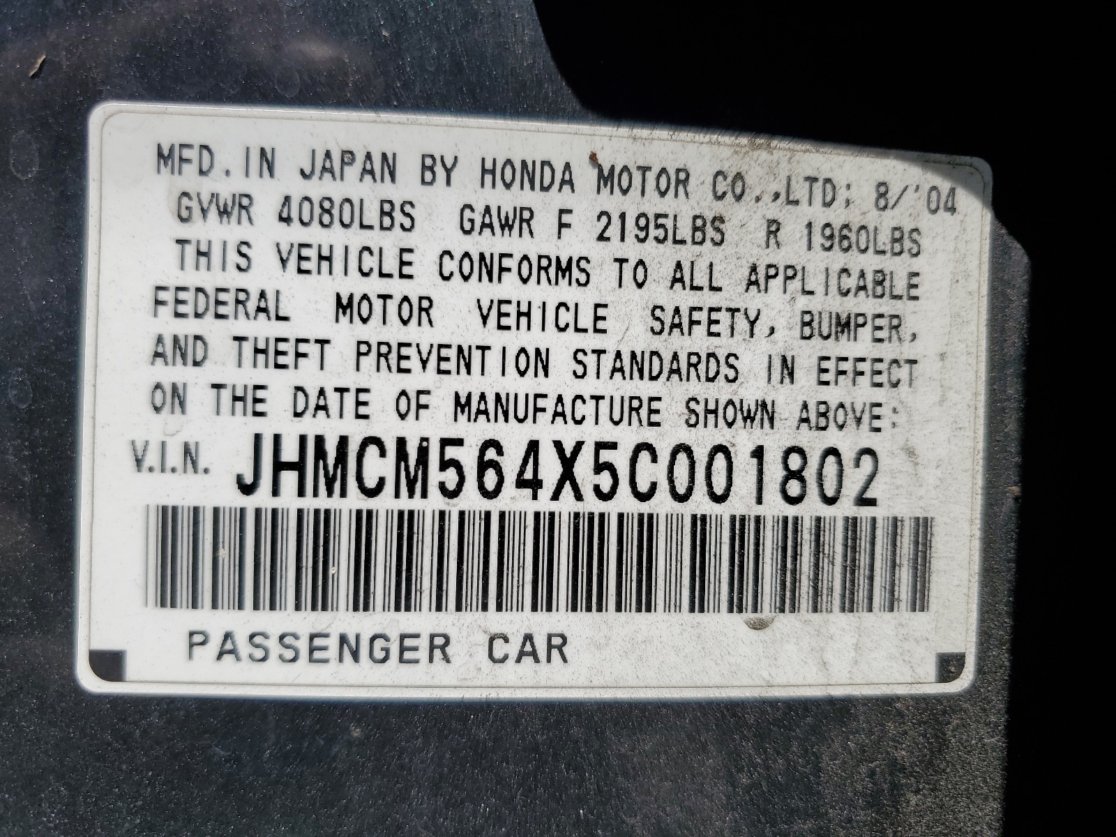 JHMCM564X5C001802 2005 Honda Accord Lx