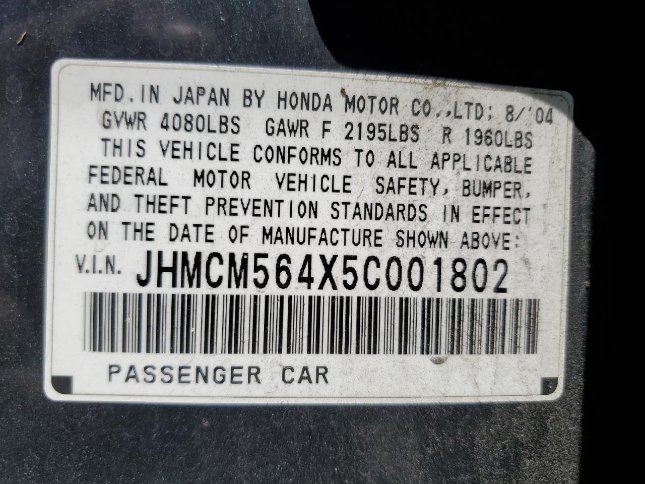 2005 Honda Accord Lx VIN: JHMCM564X5C001802 Lot: 60204484