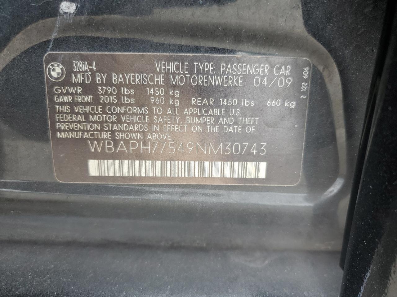 2009 BMW 328 I VIN: WBAPH77549NM30743 Lot: 60625494