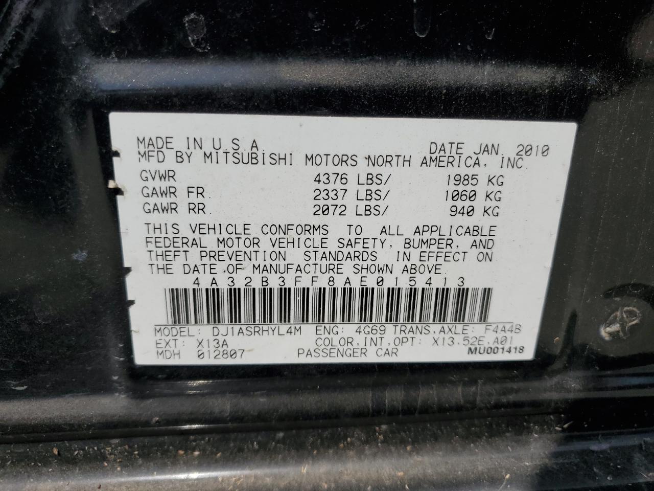 2010 Mitsubishi Galant Es VIN: 4A32B3FF8AE015413 Lot: 59133564