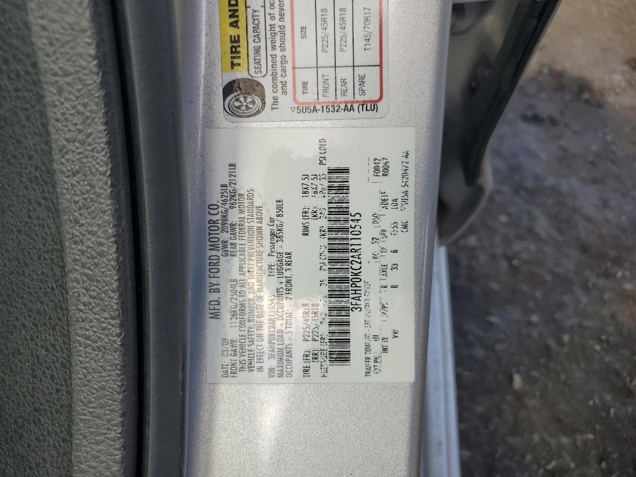 2010 Ford Fusion Sport VIN: 3FAHP0KC2AR110545 Lot: 59125024