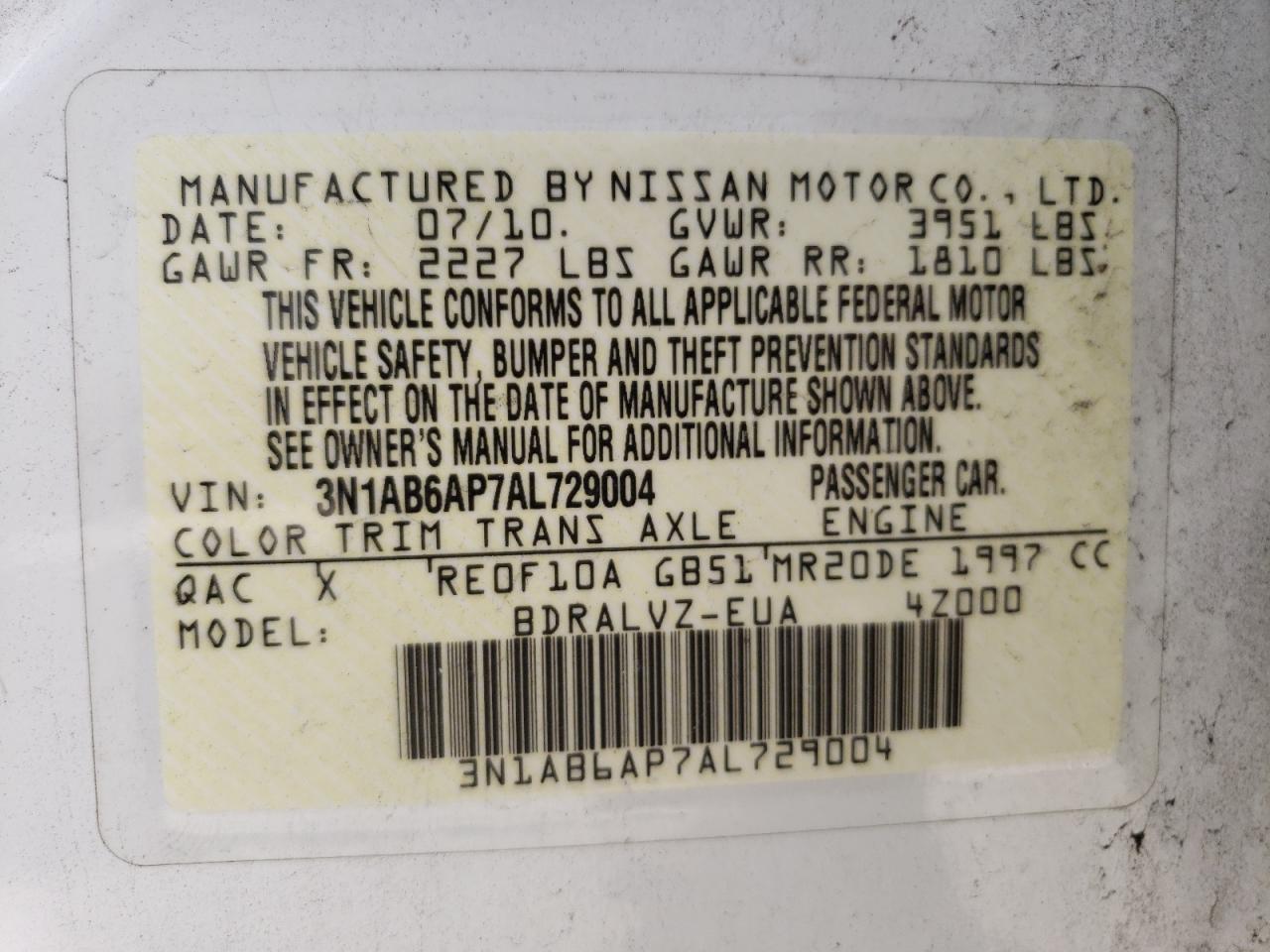 2010 Nissan Sentra 2.0 VIN: 3N1AB6AP7AL729004 Lot: 59572714