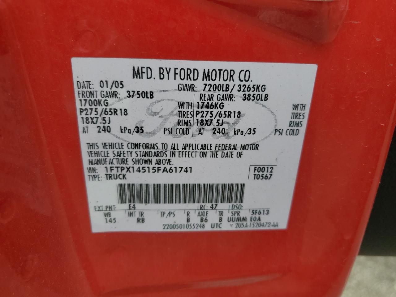 2005 Ford F150 VIN: 1FTPX14515FA61741 Lot: 58563484