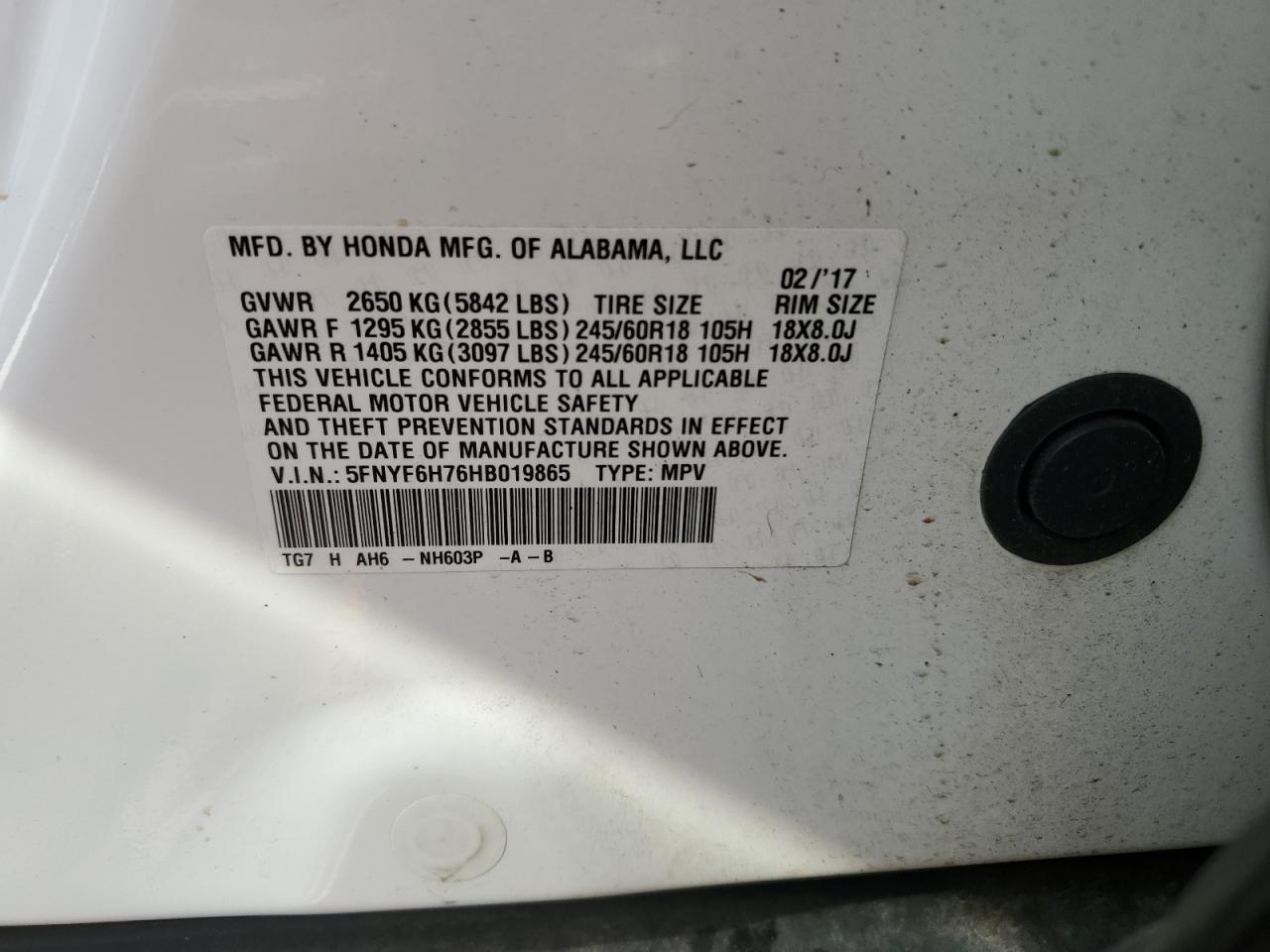 2017 Honda Pilot Exln VIN: 5FNYF6H76HB019865 Lot: 60466354