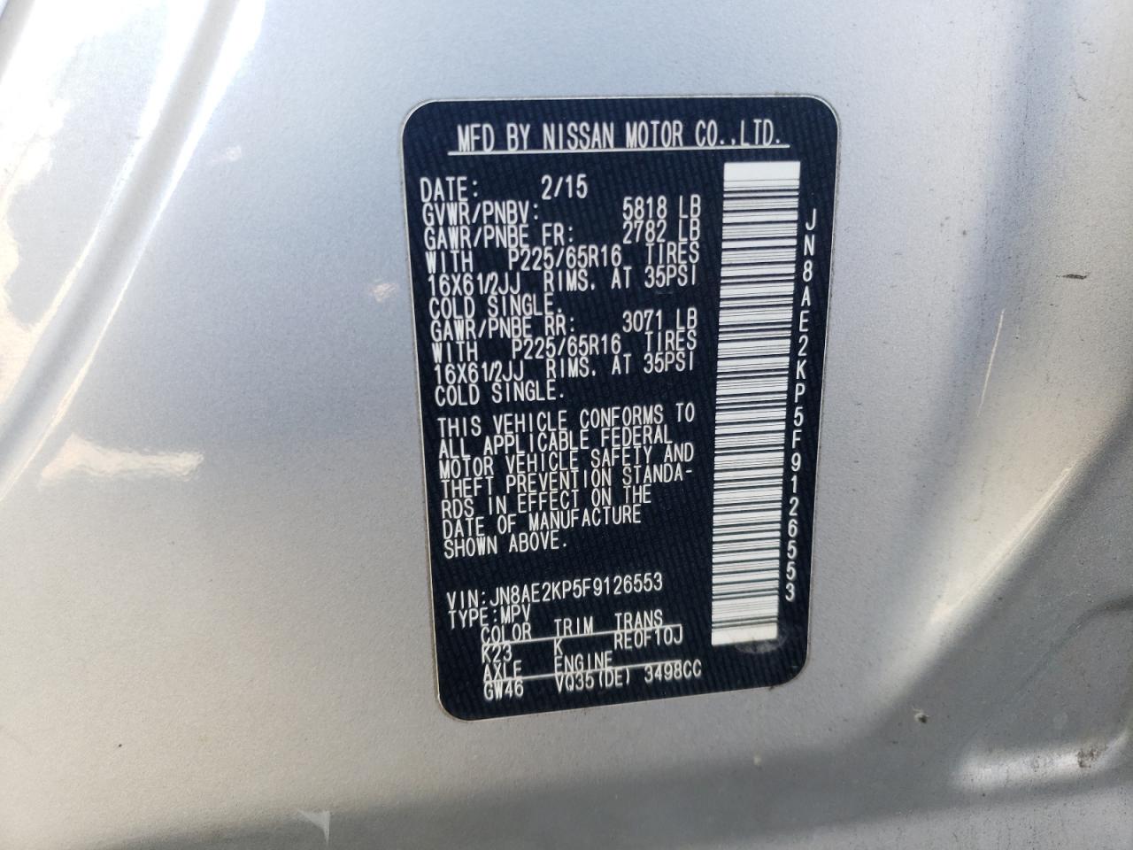 2015 Nissan Quest S VIN: JN8AE2KP5F9126553 Lot: 60253944