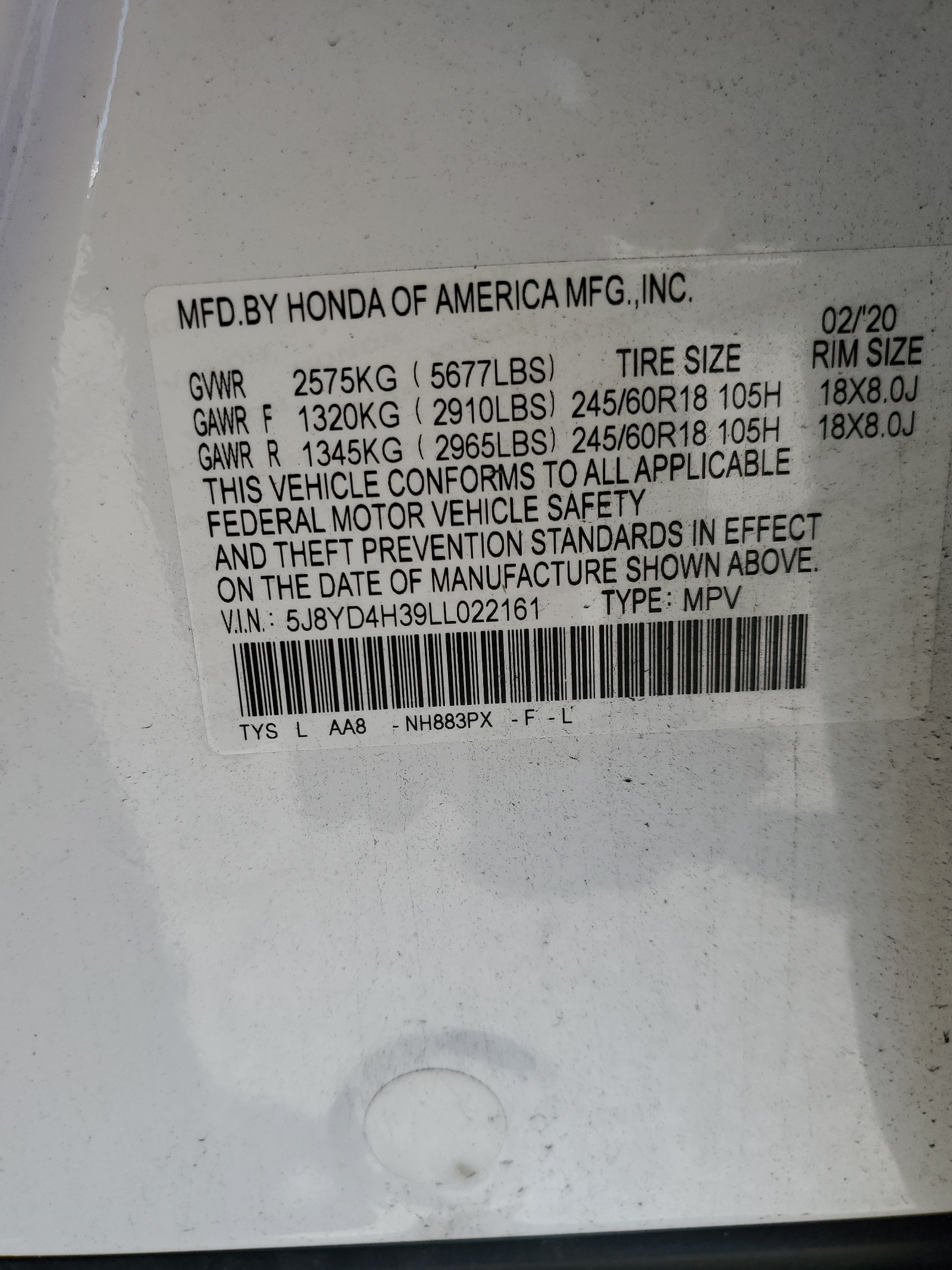 5J8YD4H39LL022161 2020 Acura Mdx