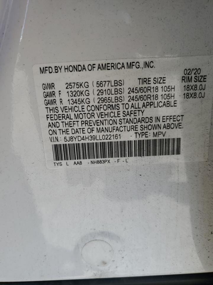 2020 Acura Mdx VIN: 5J8YD4H39LL022161 Lot: 58924654