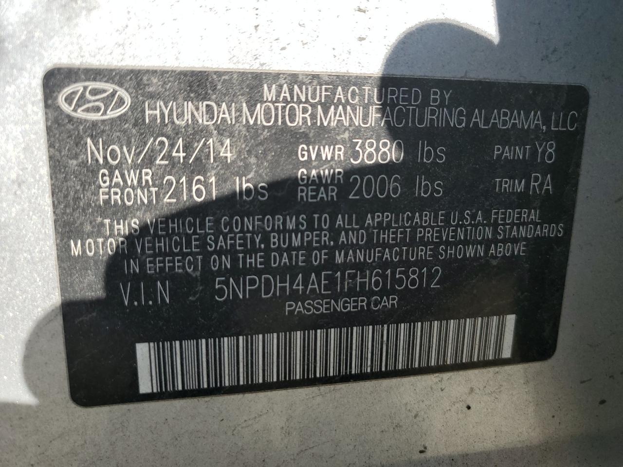 2015 Hyundai Elantra Se VIN: 5NPDH4AE1FH615812 Lot: 58885014