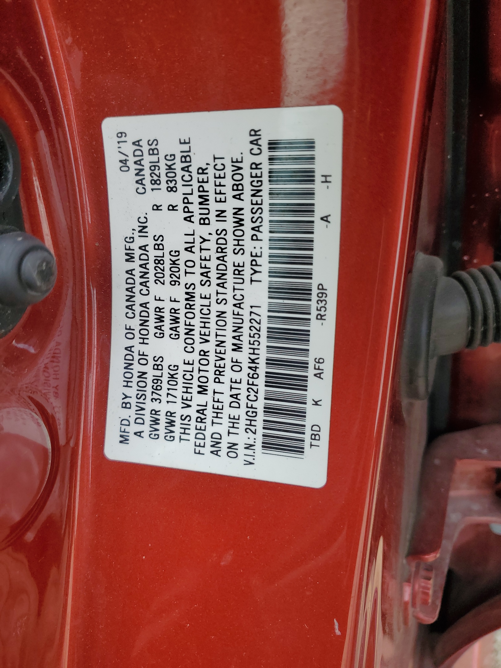 2HGFC2F64KH552271 2019 Honda Civic Lx