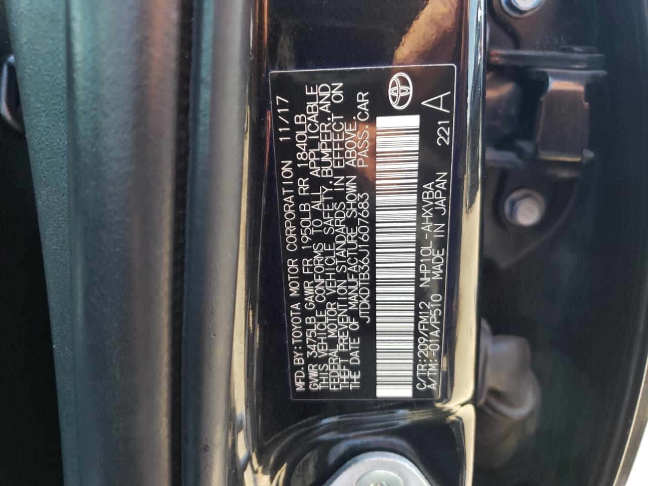 JTDKDTB36J1607683 TOYOTA PRIUS 2018