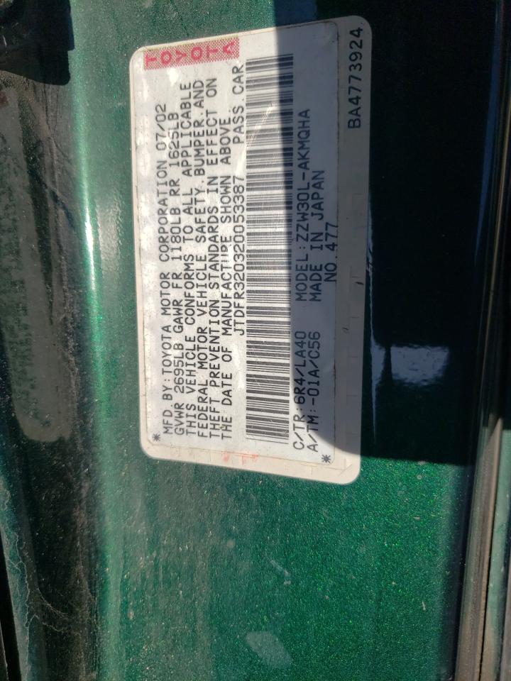 2002 Toyota Mr2 Spyder VIN: JTDFR320320053387 Lot: 60319774