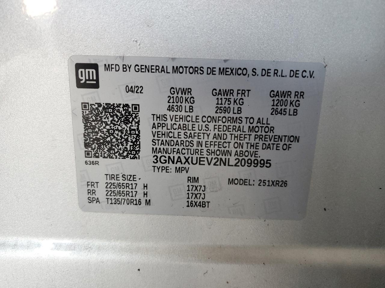 3GNAXUEV2NL209995 2022 CHEVROLET EQUINOX - Image 15