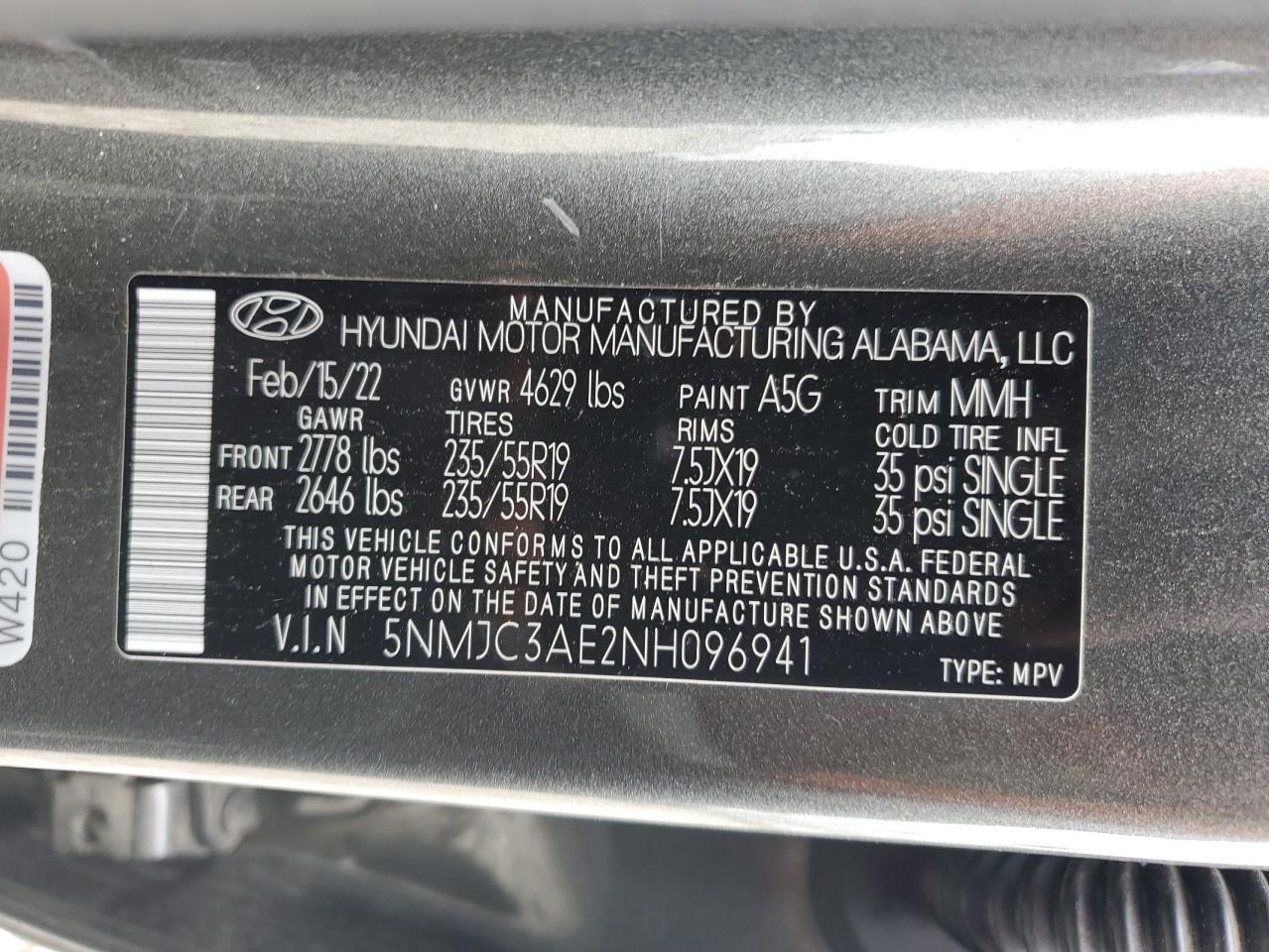 2022 Hyundai Tucson Sel VIN: 5NMJC3AE2NH096941 Lot: 60682534