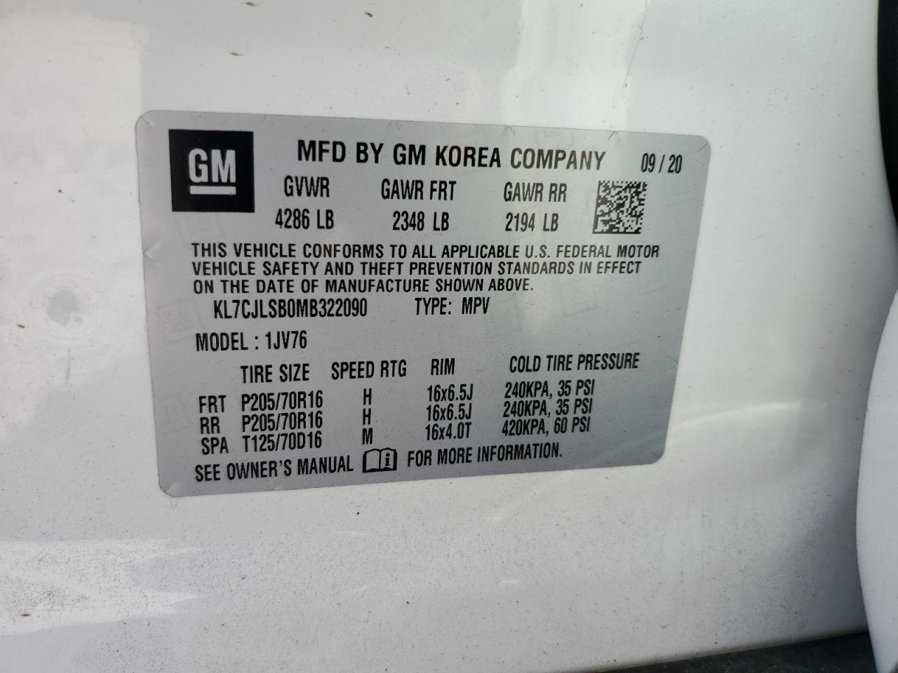 2021 Chevrolet Trax 1Lt VIN: KL7CJLSB0MB322090 Lot: 59325984