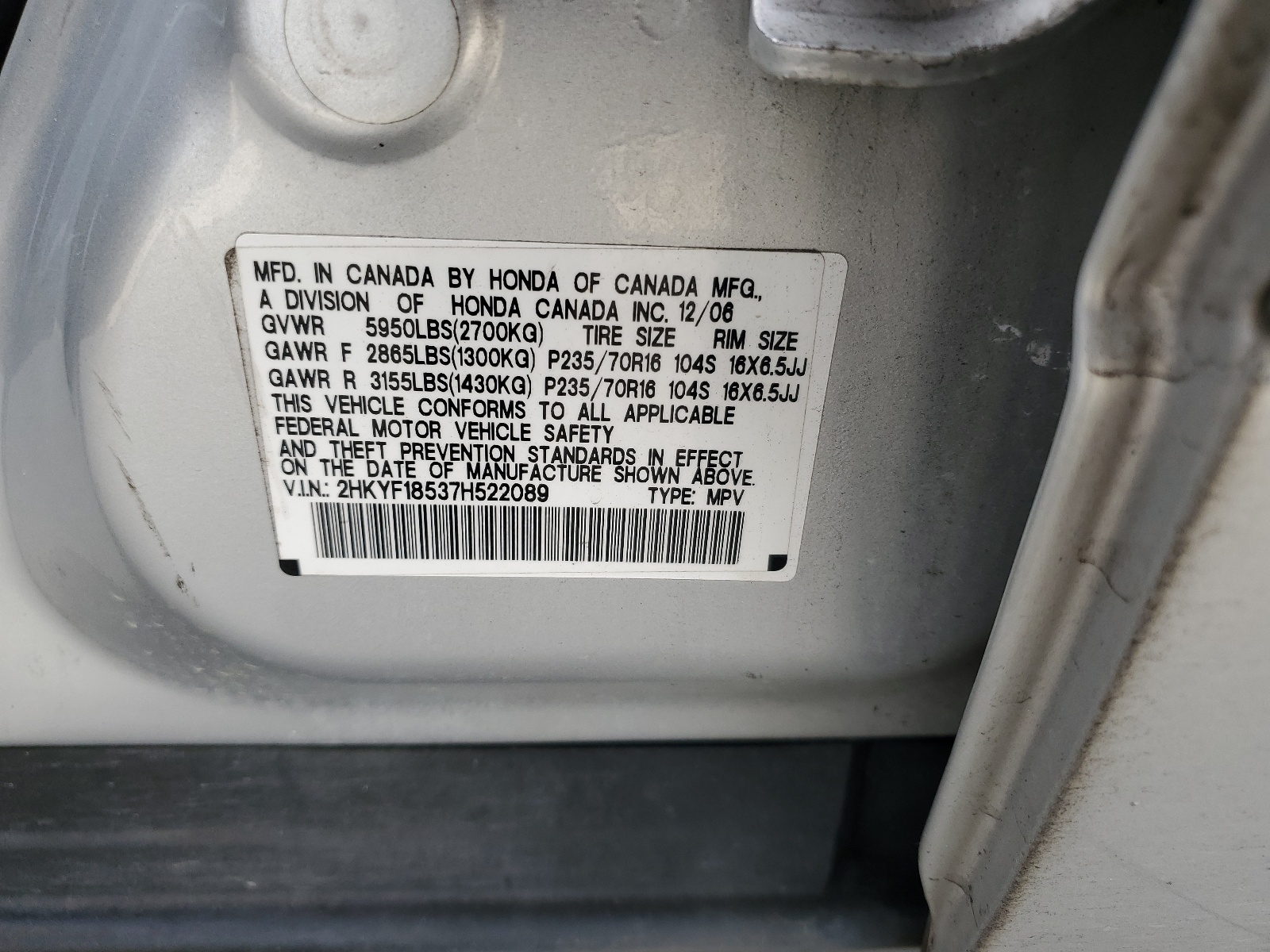 2HKYF18537H522089 2007 Honda Pilot Exl