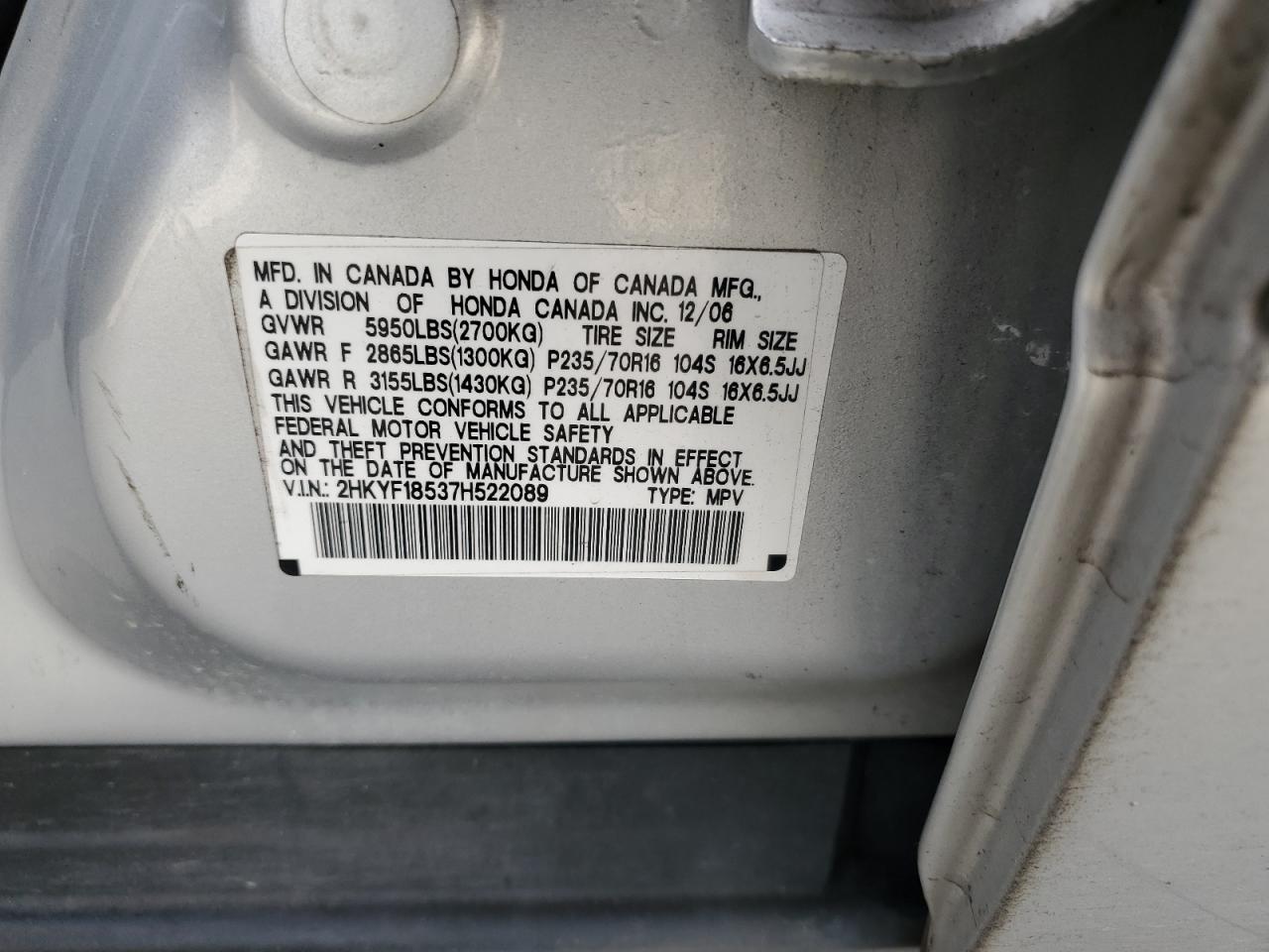 2007 Honda Pilot Exl VIN: 2HKYF18537H522089 Lot: 60350844