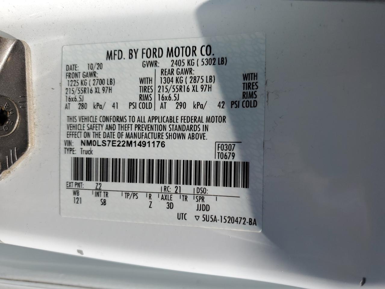 2021 Ford Transit Connect Xl VIN: NM0LS7E22M1491176 Lot: 59046514