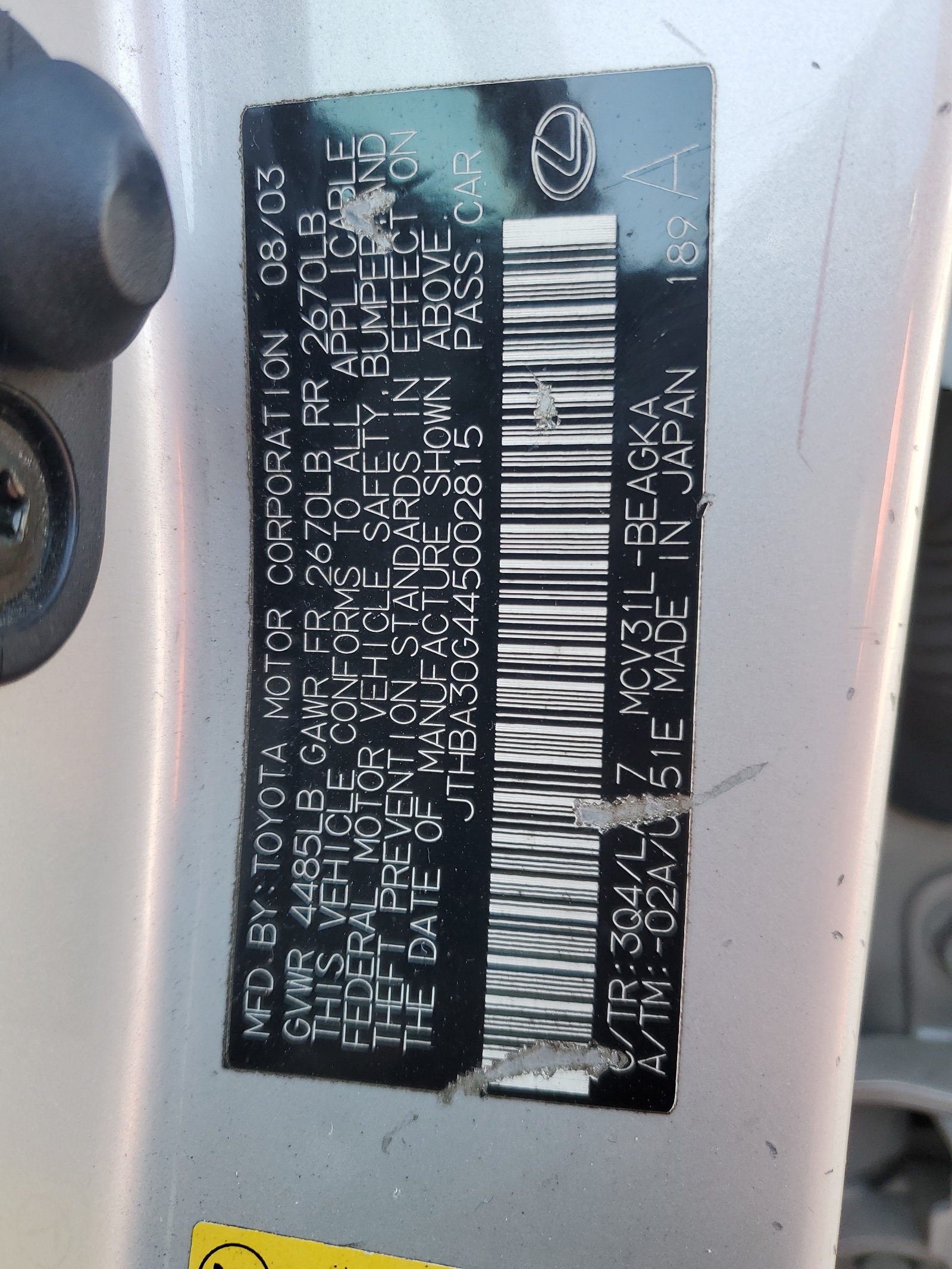 JTHBA30G445002815 2004 Lexus Es 330