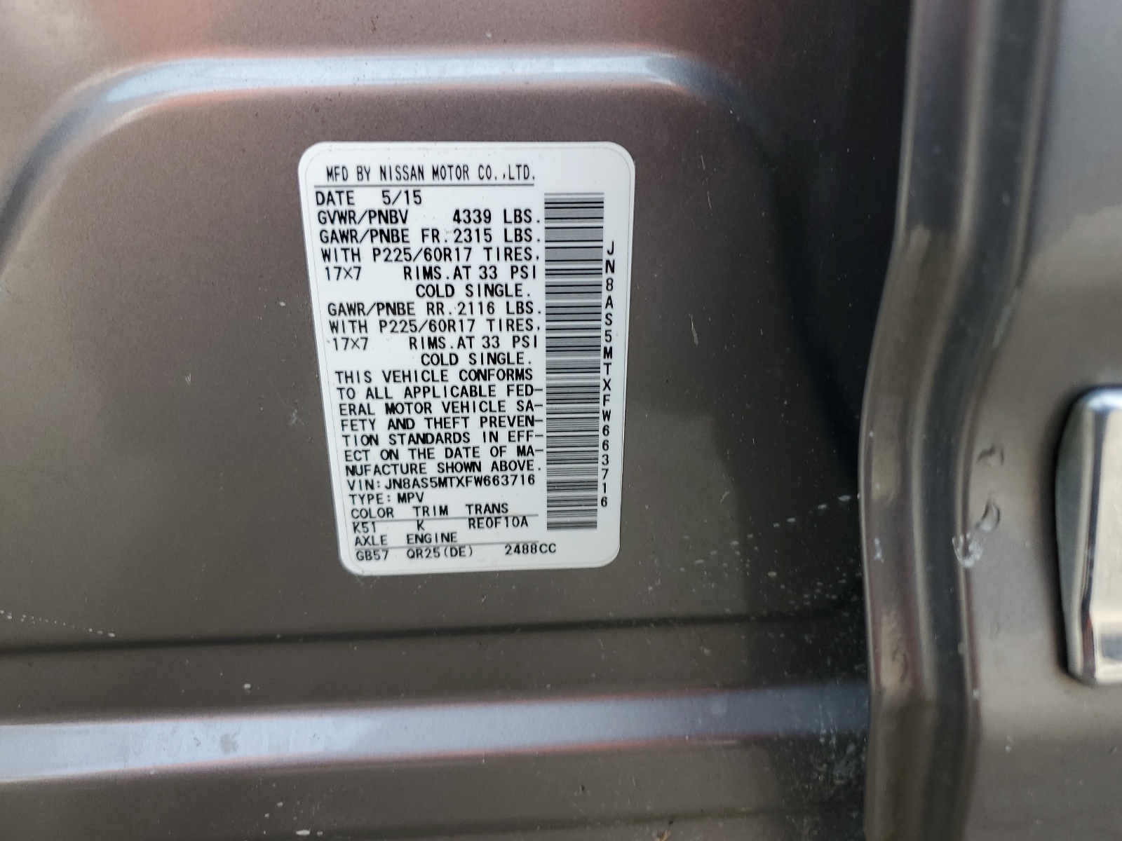 JN8AS5MTXFW663716 2015 Nissan Rogue Select S