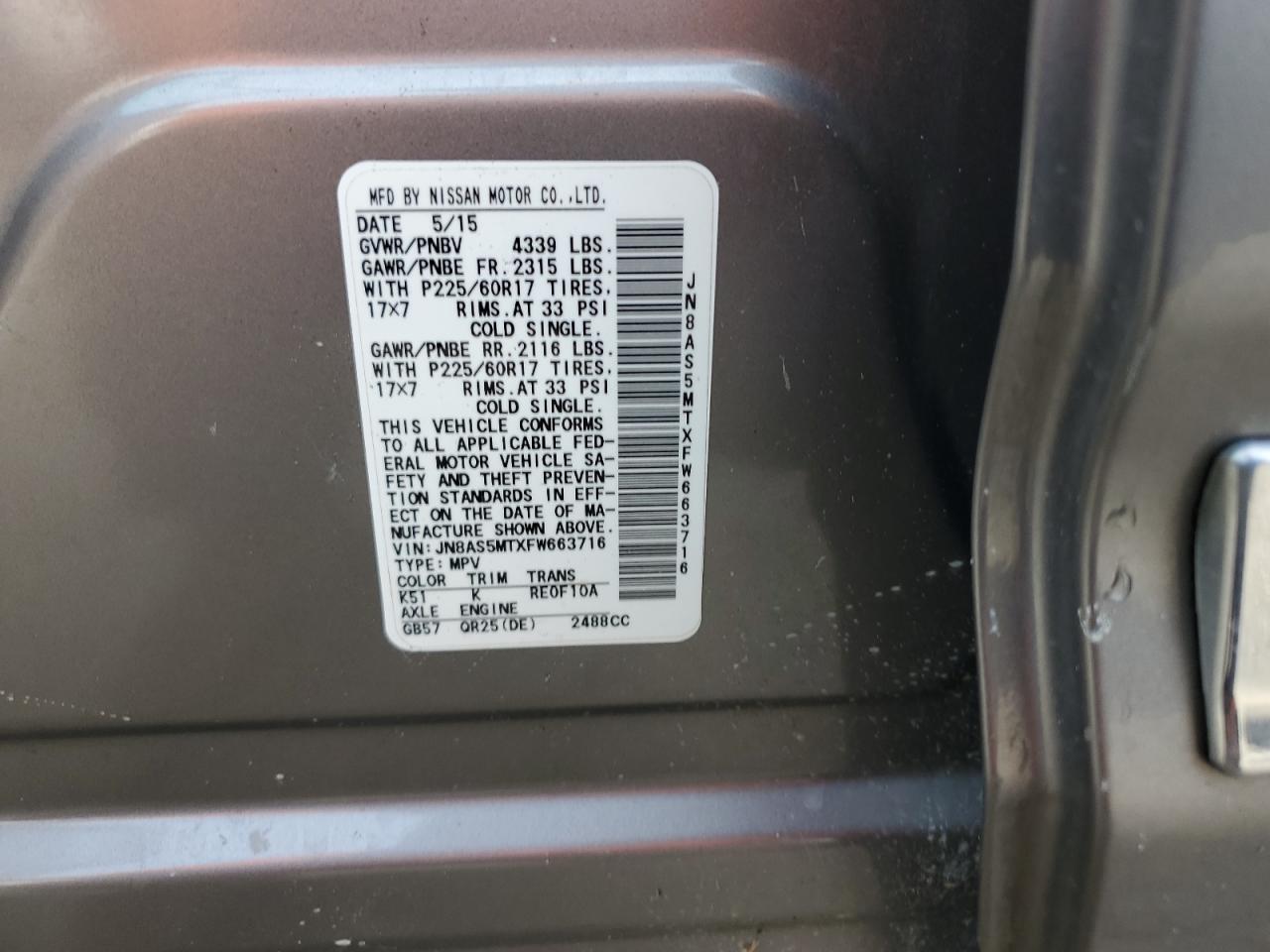 2015 Nissan Rogue Select S VIN: JN8AS5MTXFW663716 Lot: 60632754