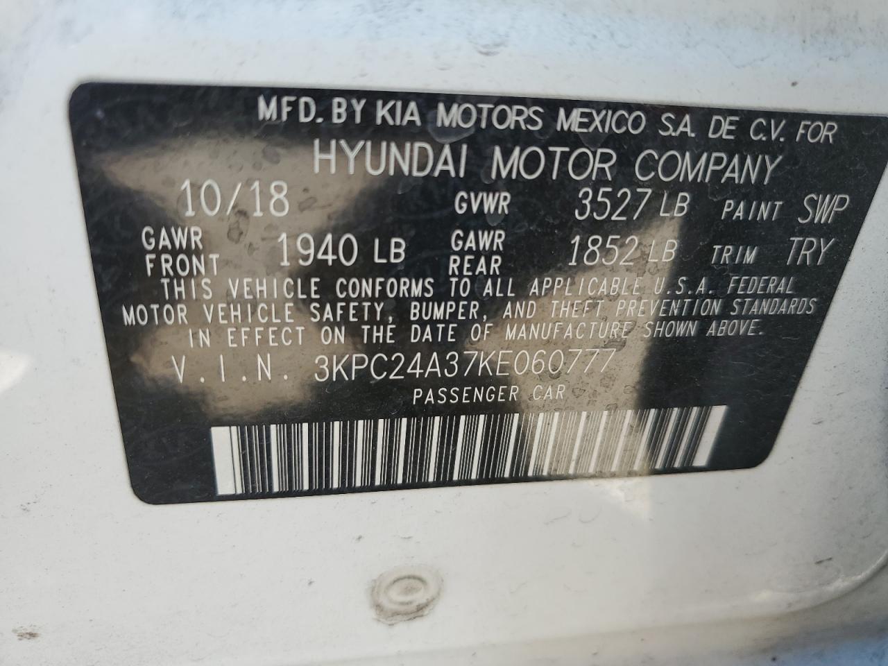 2019 Hyundai Accent Se VIN: 3KPC24A37KE060777 Lot: 58535164