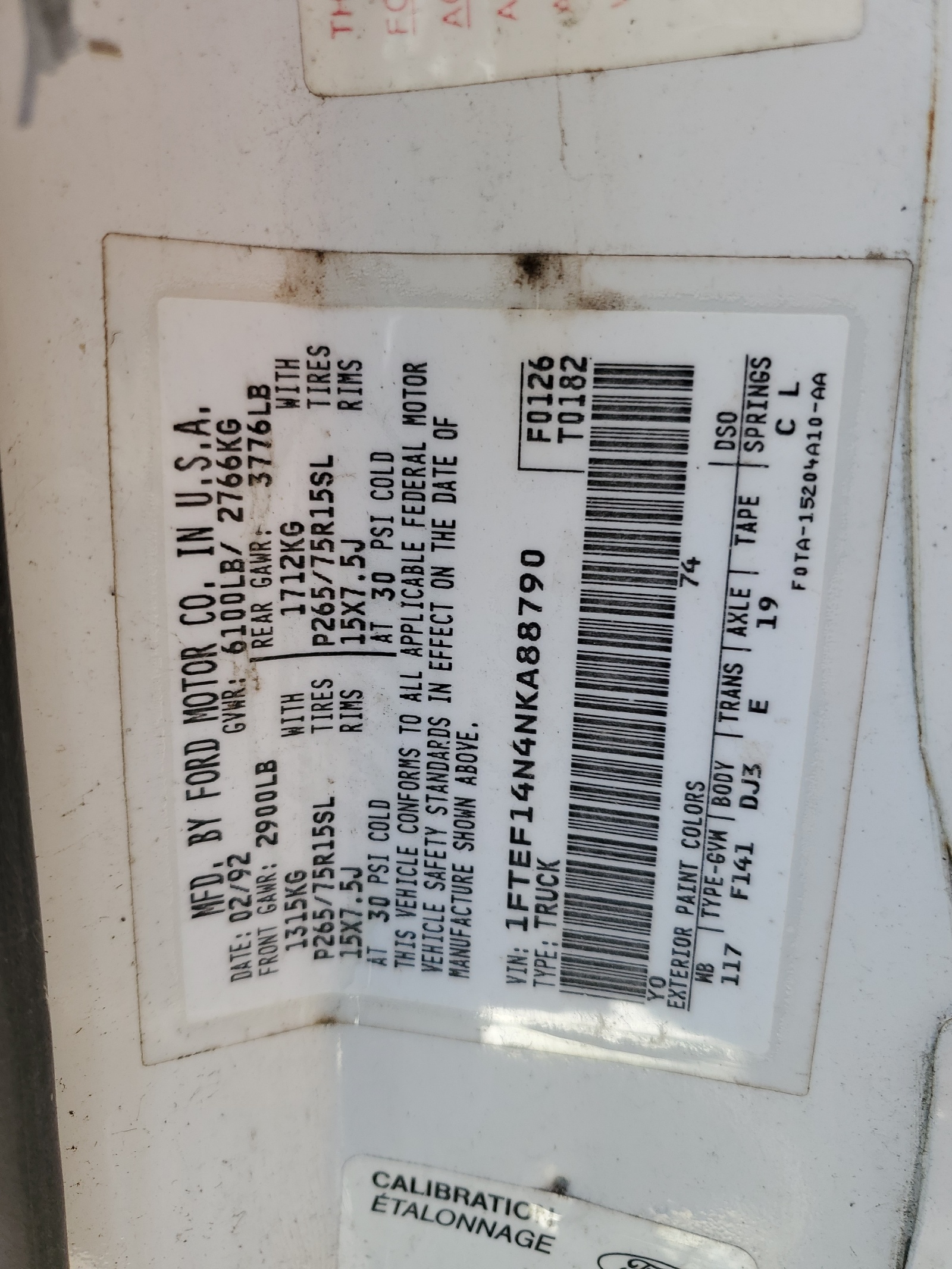 1FTEF14N4NKA88790 1992 Ford F150