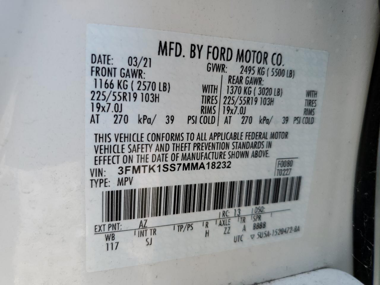 2021 Ford Mustang Mach-E Select VIN: 3FMTK1SS7MMA18232 Lot: 60507914