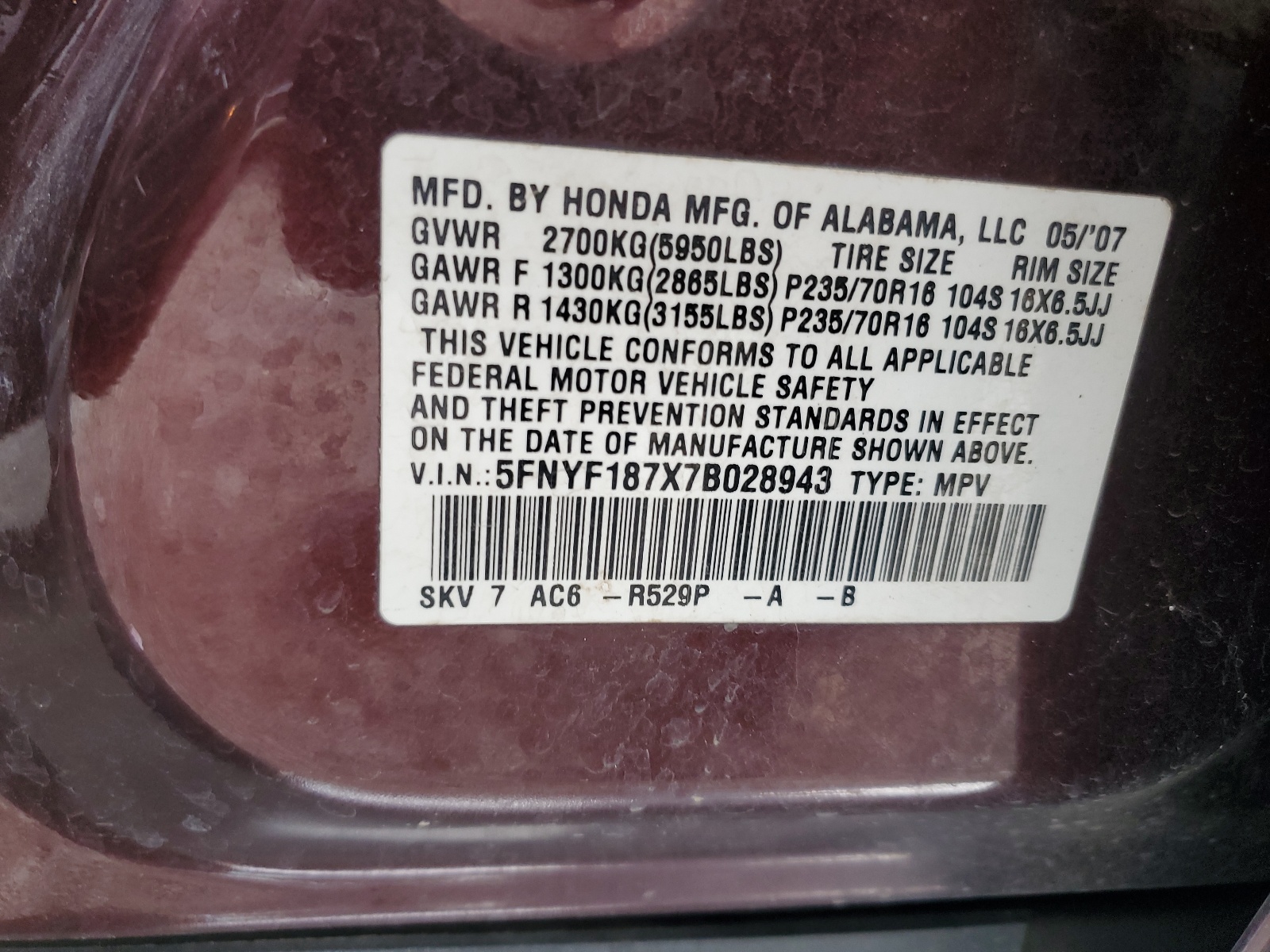 5FNYF187X7B028943 2007 Honda Pilot Exl