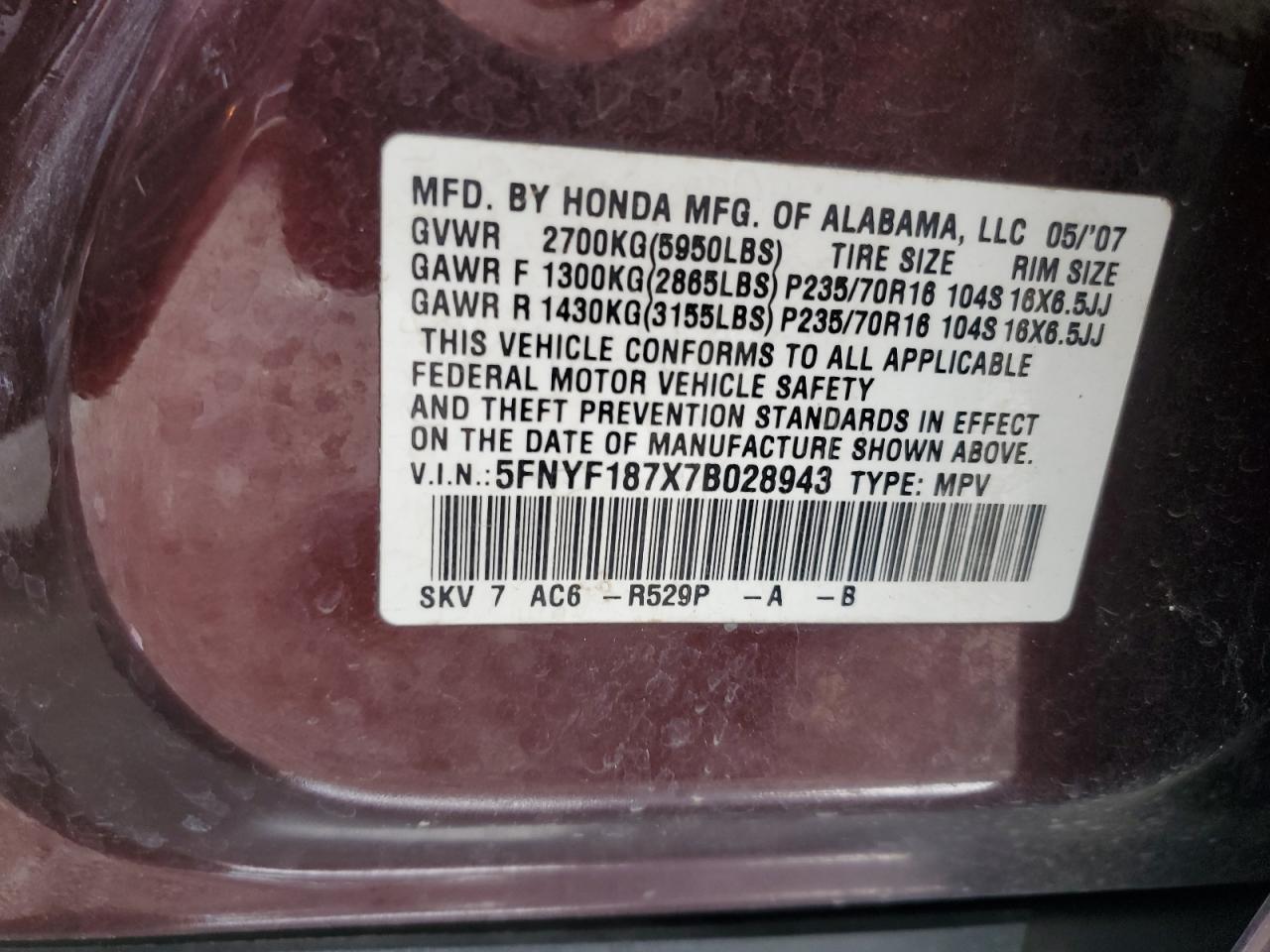 2007 Honda Pilot Exl VIN: 5FNYF187X7B028943 Lot: 59652104