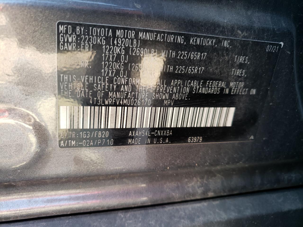 2021 Toyota Rav4 Le VIN: 4T3LWRFV4MU026170 Lot: 57020054