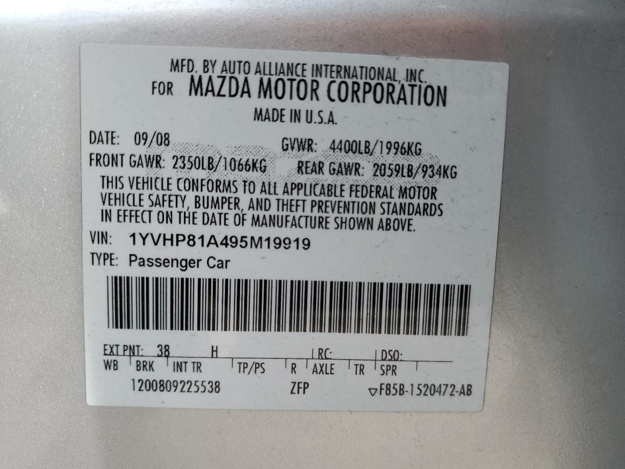 1YVHP81A495M19919 2009 Mazda 6 I