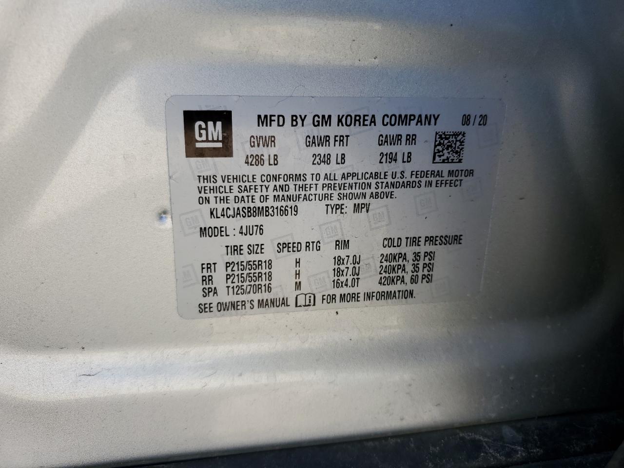 2021 Buick Encore Preferred VIN: KL4CJASB8MB316619 Lot: 57063784