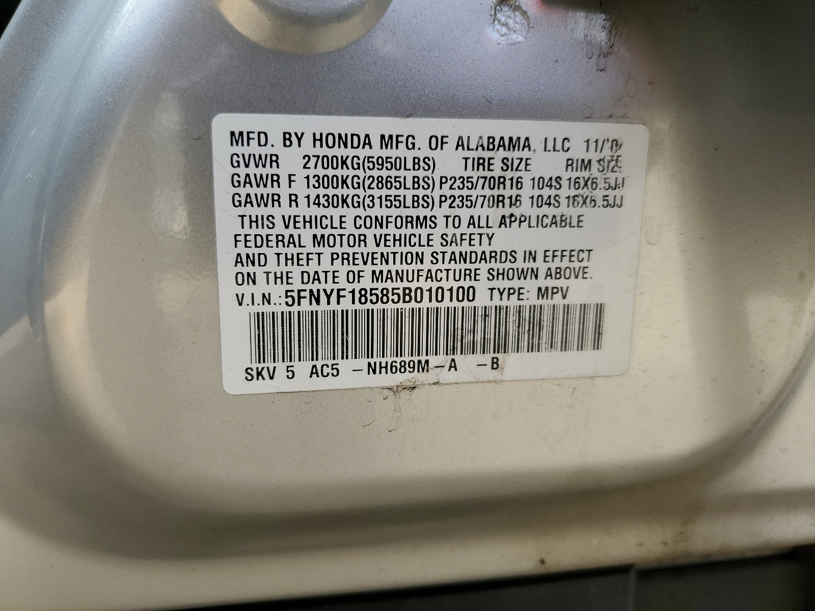 5FNYF18585B010100 2005 Honda Pilot Exl