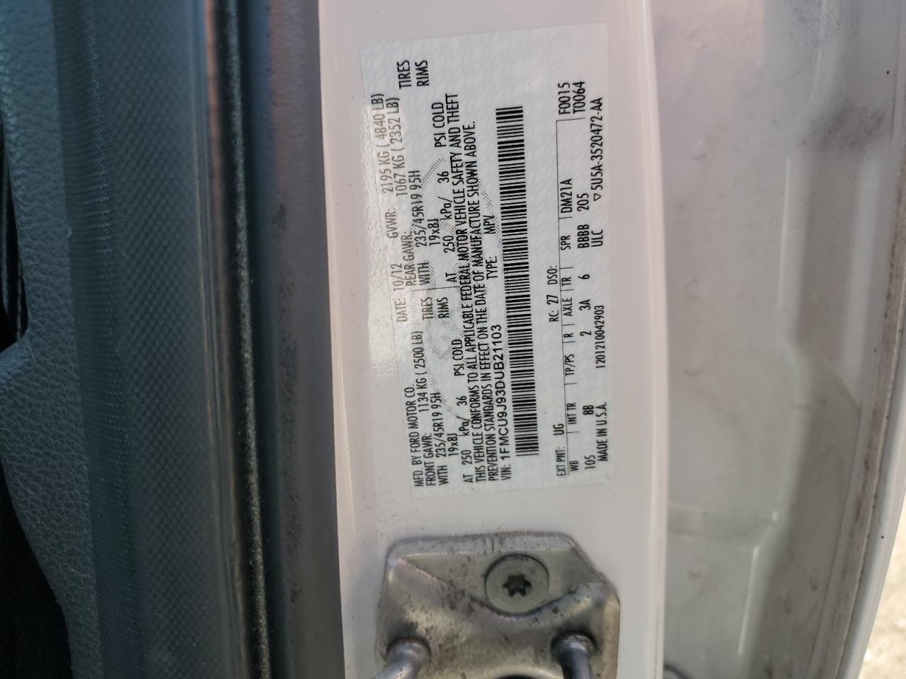 2013 Ford Escape Titanium VIN: 1FMCU9J93DUB21103 Lot: 58856014