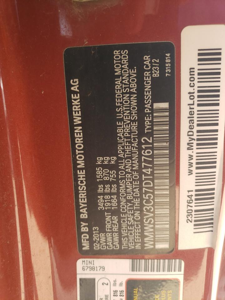 2013 Mini Cooper S VIN: WMWSV3C57DT477612 Lot: 60906594