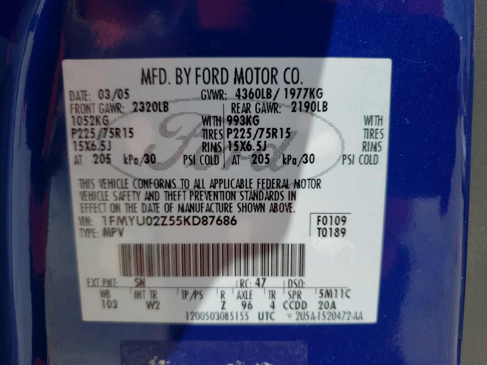 1FMYU02Z55KD87686 2005 Ford Escape Xls