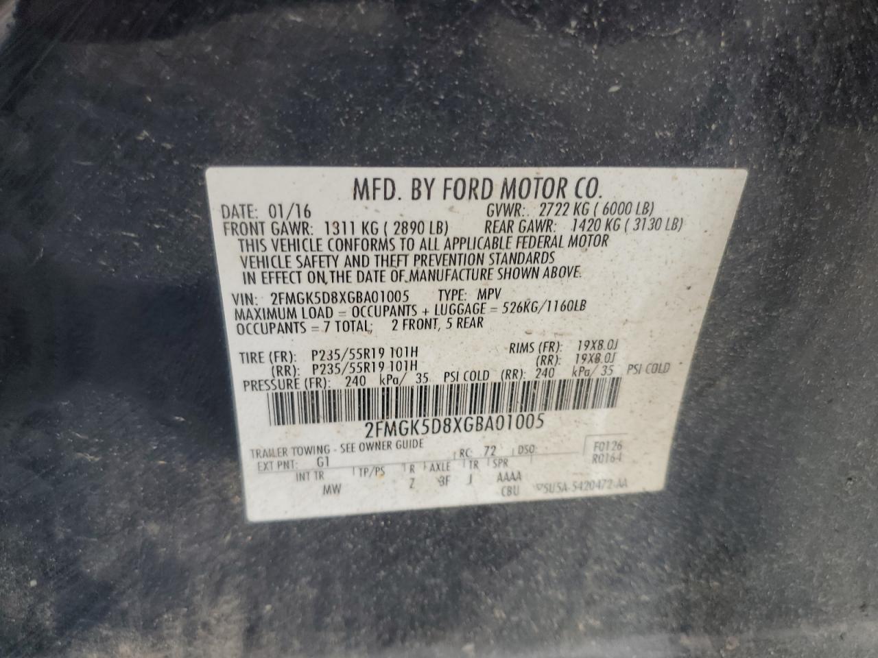 2016 Ford Flex Limited VIN: 2FMGK5D8XGBA01005 Lot: 60214464