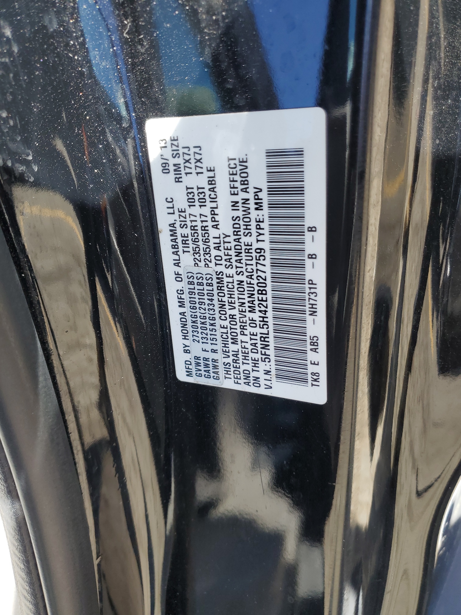 5FNRL5H42EB027759 2014 Honda Odyssey Ex