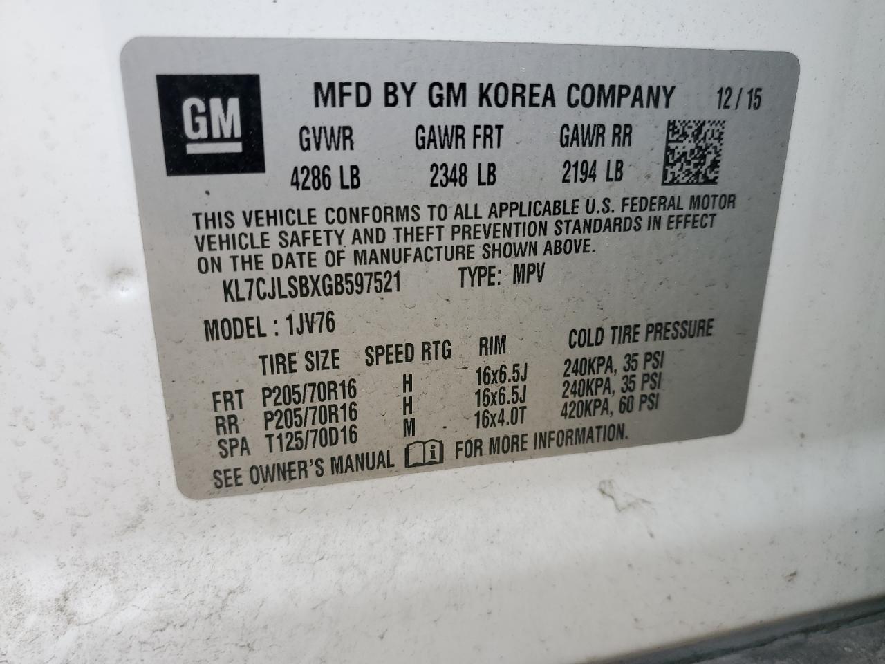 2016 Chevrolet Trax 1Lt VIN: KL7CJLSBXGB597521 Lot: 57504034