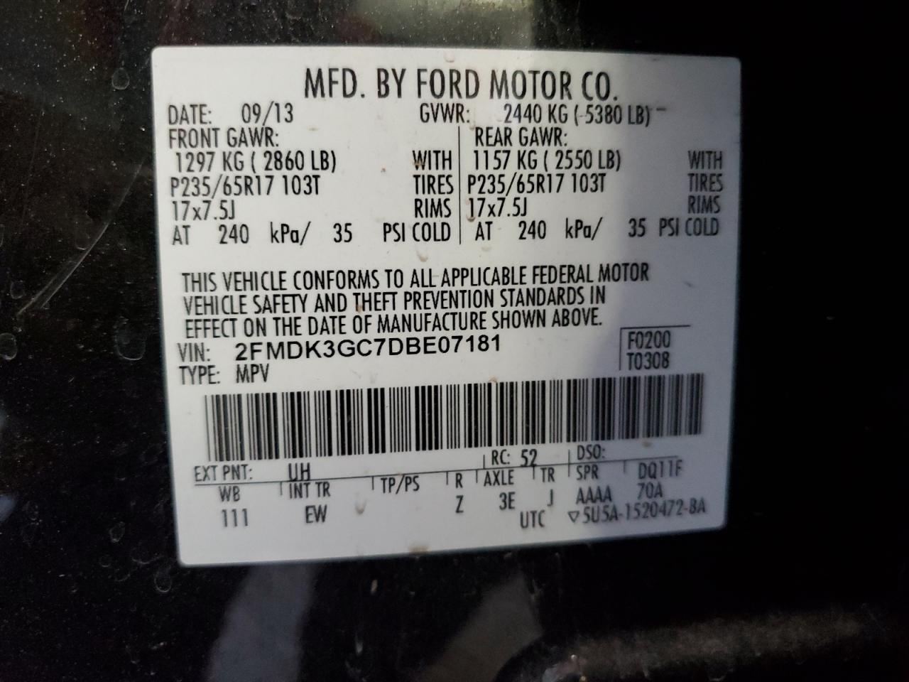 2013 Ford Edge Se VIN: 2FMDK3GC7DBE07181 Lot: 58959884