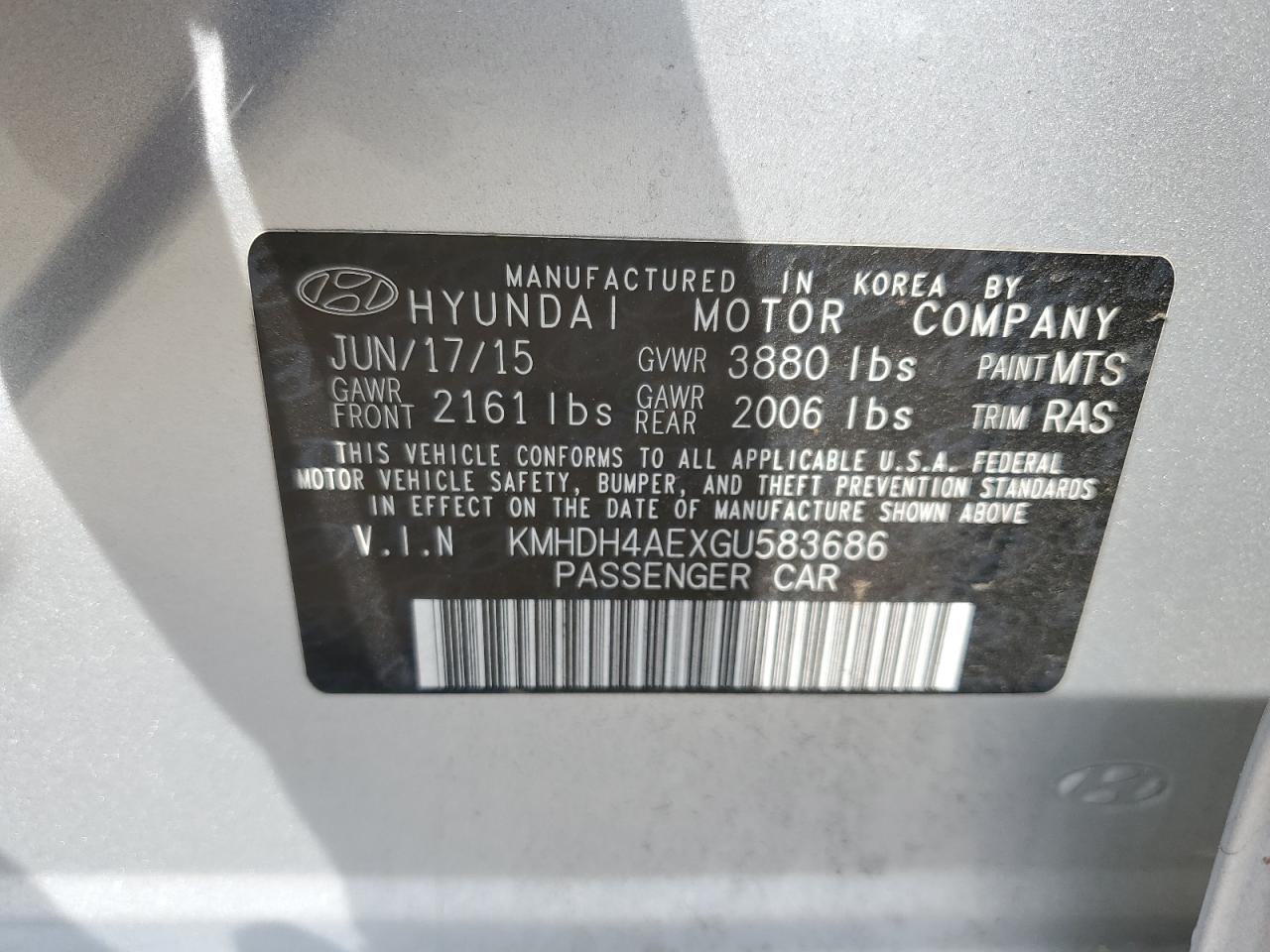 2016 Hyundai Elantra Se VIN: KMHDH4AEXGU583686 Lot: 60562454