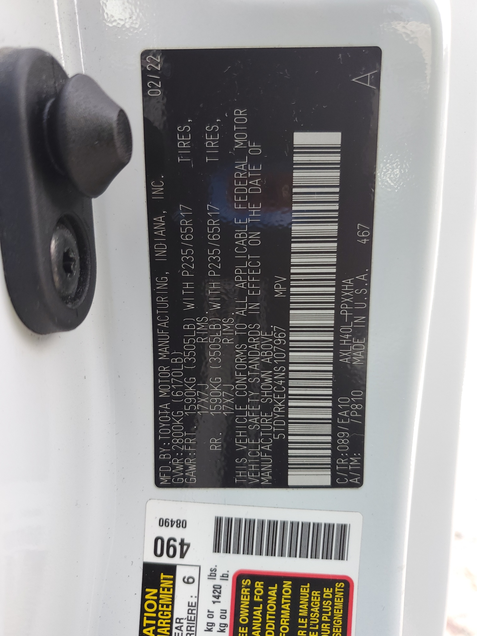 5TDYRKEC4NS107967 2022 Toyota Sienna Xle