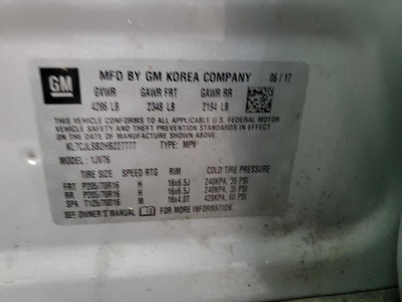 2017 Chevrolet Trax 1Lt VIN: KL7CJLSB2HB227777 Lot: 60128234