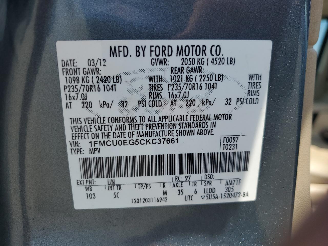 2012 Ford Escape Limited VIN: 1FMCU0EG5CKC37661 Lot: 50869284
