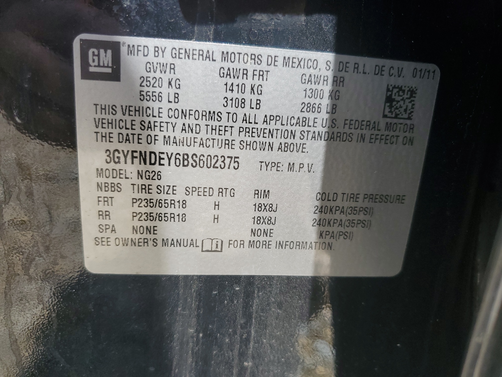 3GYFNDEY6BS602375 2011 Cadillac Srx Luxury Collection