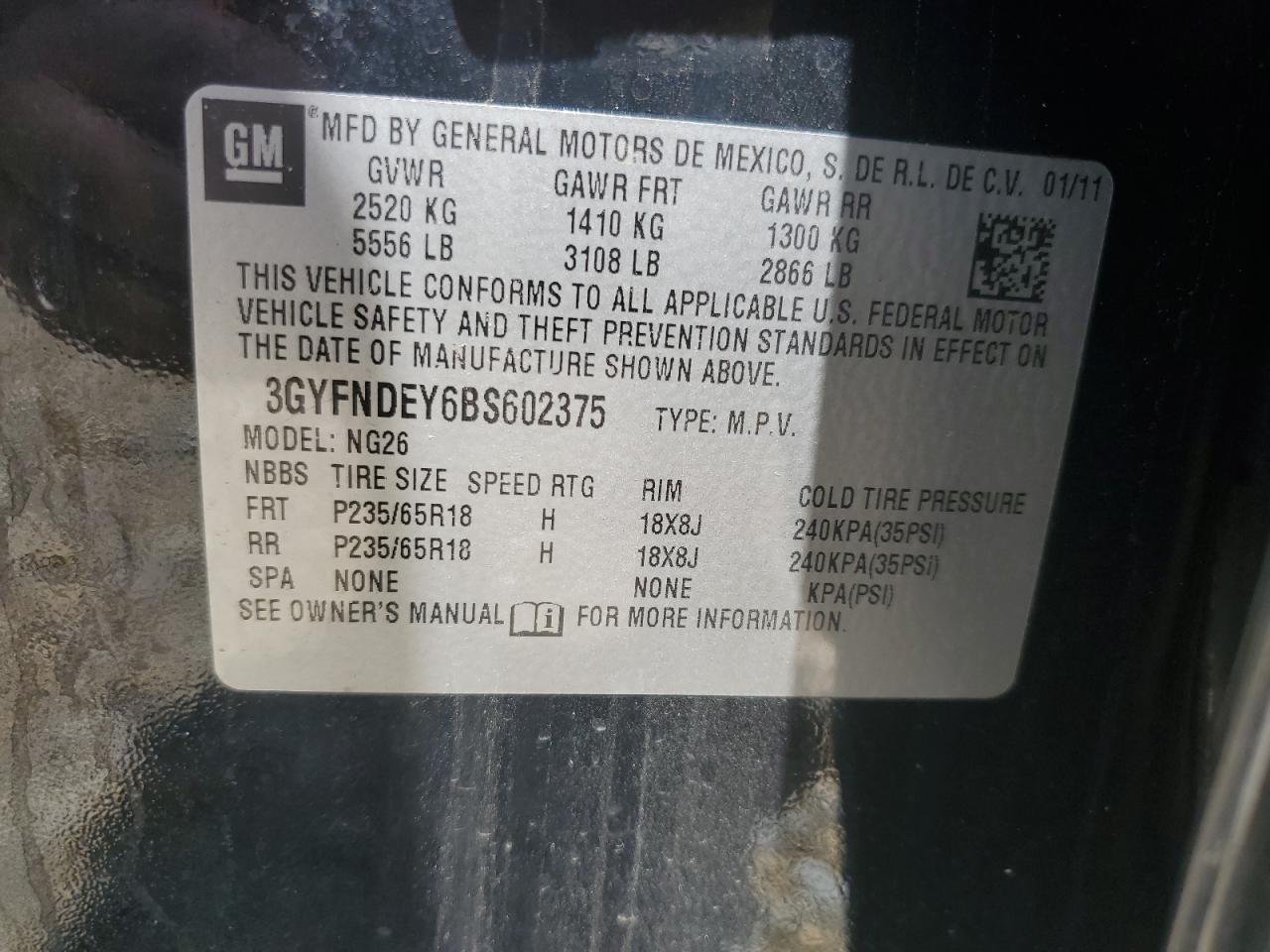 2011 Cadillac Srx Luxury Collection VIN: 3GYFNDEY6BS602375 Lot: 60188634